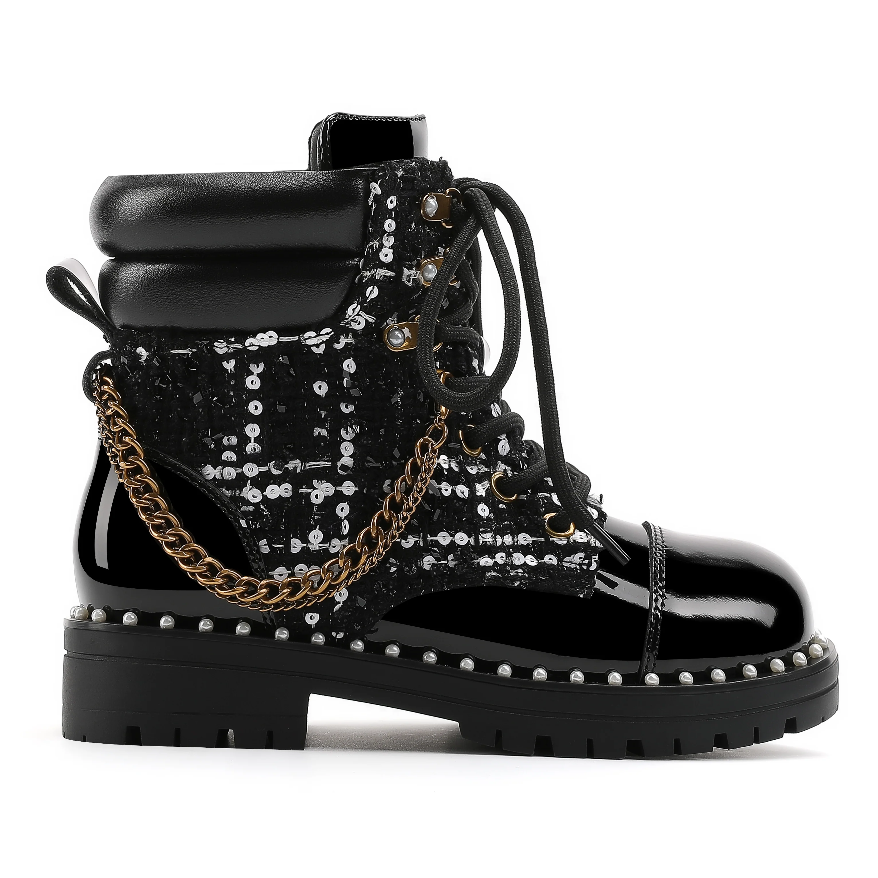 Chain Combat Boot - Big Kid Black Tweed