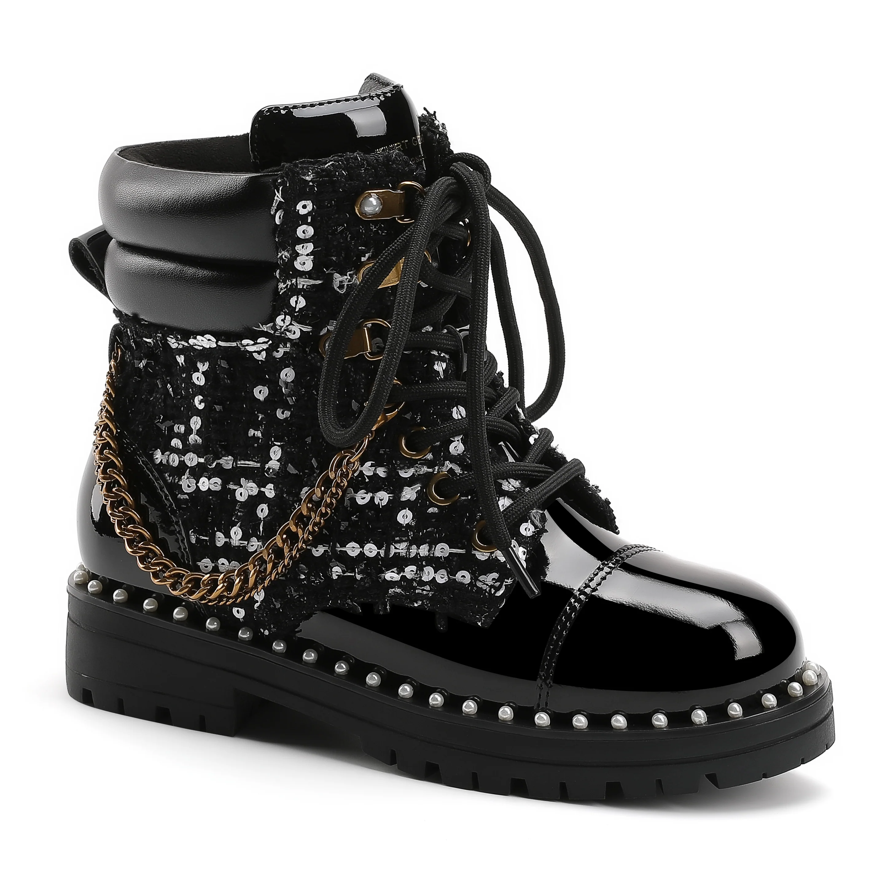 Chain Combat Boot - Big Kid Black Tweed - Image 2